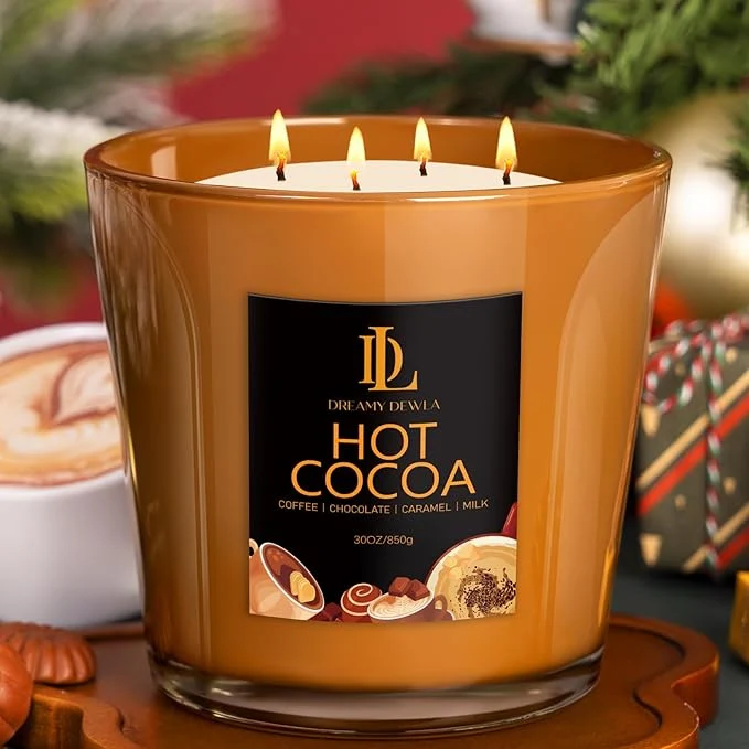 Superior Large Candle Hot Cocoa Scented 4 Wick Natural Soy Candles Powerful