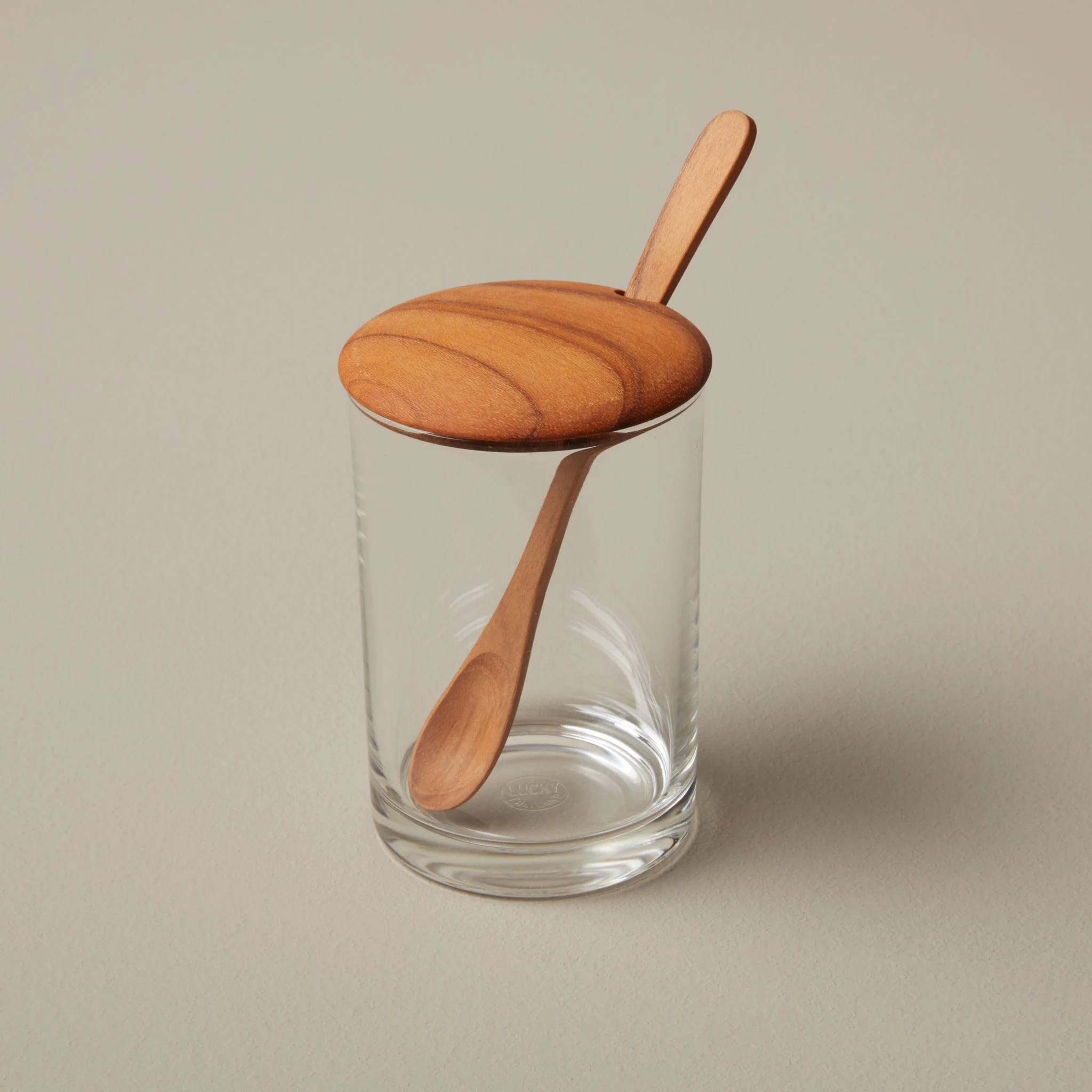 Elegant Glass Cellar with Teak Lid amp Spoon Convenient