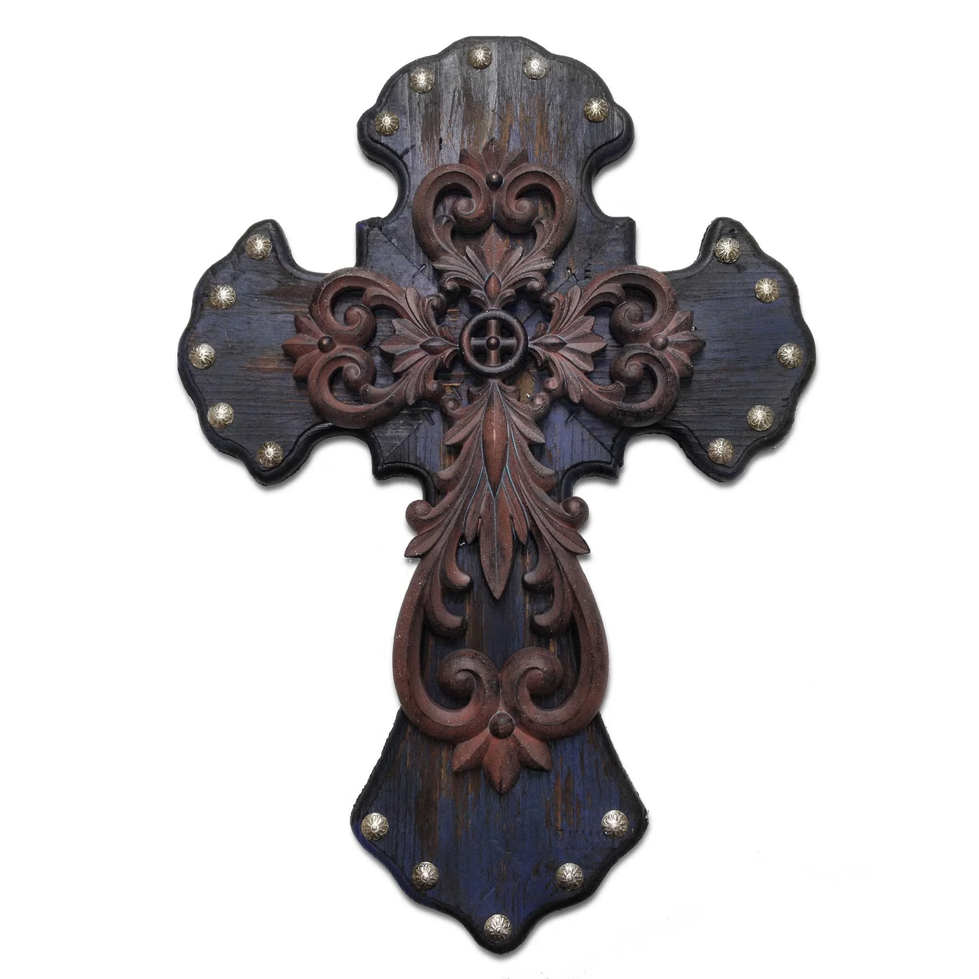 Recyclable Deep Blue Metal Overlay Studded Cross Wall Décor Lightweight