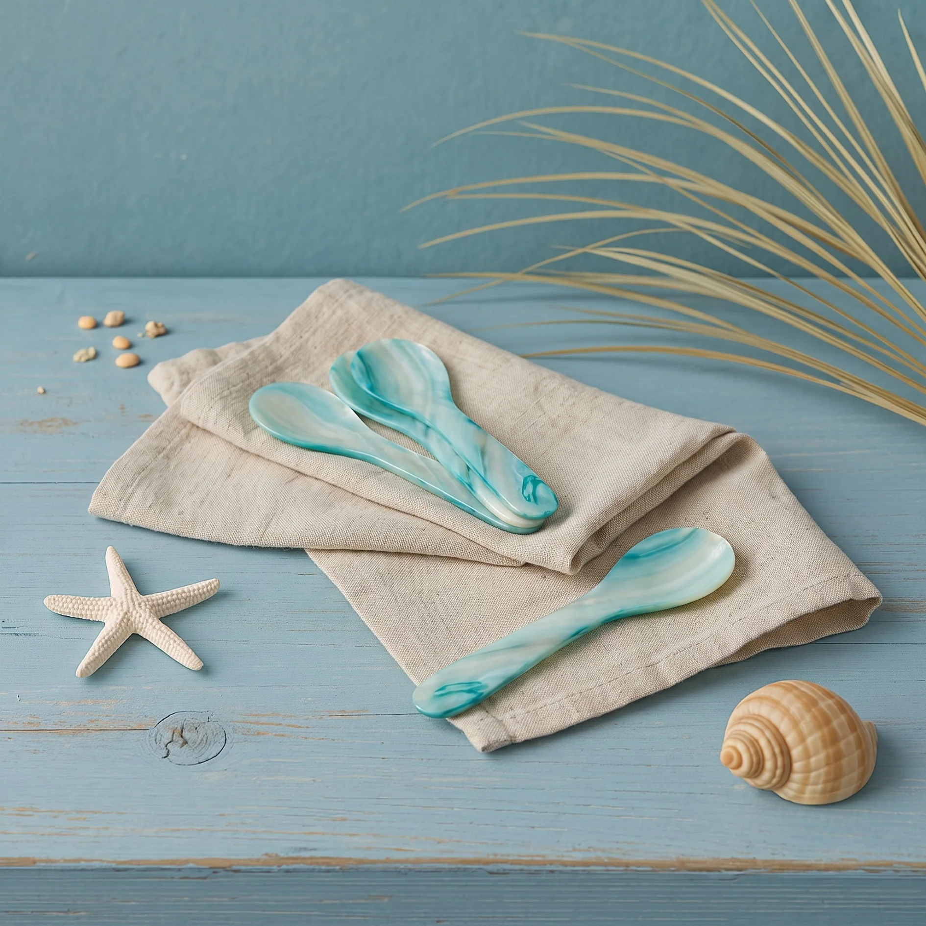 Convenient Seashell Spoons Large Set of 4 Blue Breathable