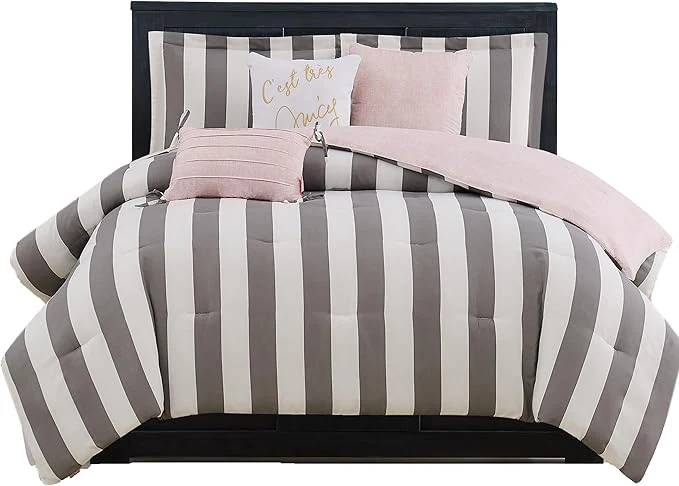 Versatile Juicy Couture JYZ012630 Cabana Stripe 6-Piece Reversible Set Queen Grey White Consistent