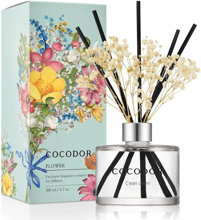 Natural COCODOR Flower Reed Diffuser Set 6.7oz Clean Linen Scent Diffuser Crafted