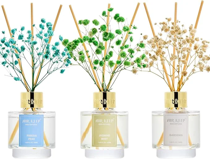 Natural Airkeep Reed Diffuser Set of 3 Jasmine Mint Gardenia sia Pear Oil Reed Green
