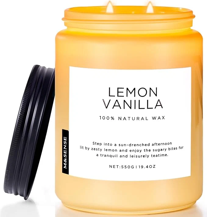 Smart M SENSE Lemon Vanilla Scented Candles 19.4oz Organic Soy Wax 110 Hours Long Easy-to-Use