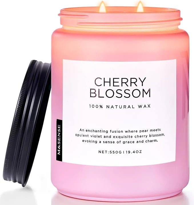 Certified M SENSE Large Cherry Blossom Scented Candle 19.4oz Natural Soy Wax 110-Hour Elegant