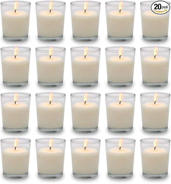 Contemporary Set of 20 White Votive Candles Clear Glass Filled Unscented Soy Wax Candle Premium Material