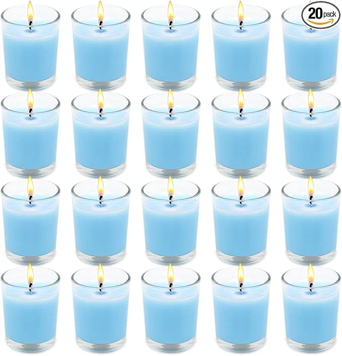 Smooth Set of 20 Babyblue Votive Candles Clear Glass Filled Unscented Soy Wax Candle Verified