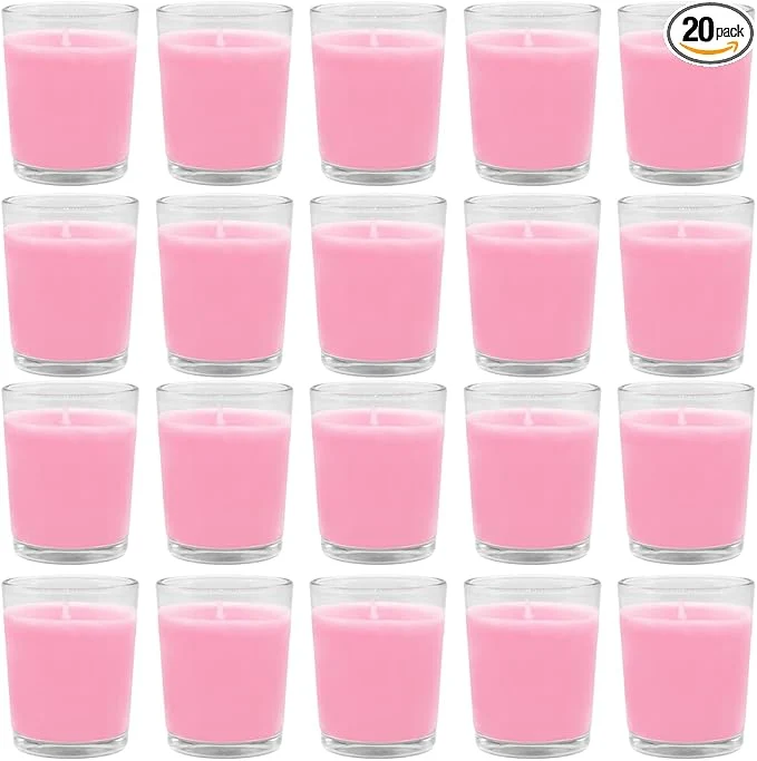 Traditional Set of 20 Pink Votive Candles Clear Glass Filled Unscented Soy Wax Candle Responsible