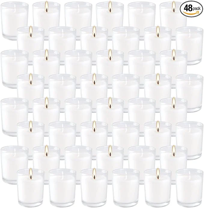 Unique Set of 48 White Votive Candles Unscented Candles Filled in Clear Glass Elite