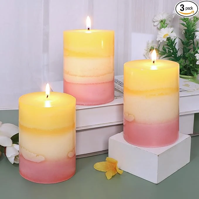 Dependable Sweet Scented Candles 3×4 Inch Pillar Candle Honeysuckle Scented Layered Yellow Smart