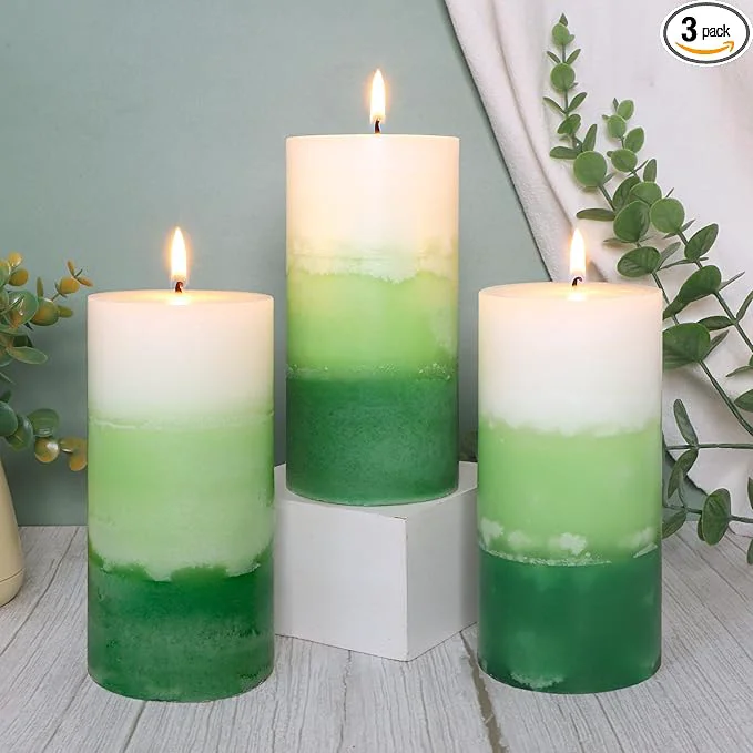 Versatile Pillar Candles 3×6 Inch Eucalyptus Scented Hand-Poured 3-Layers Green Gradient Sustainable