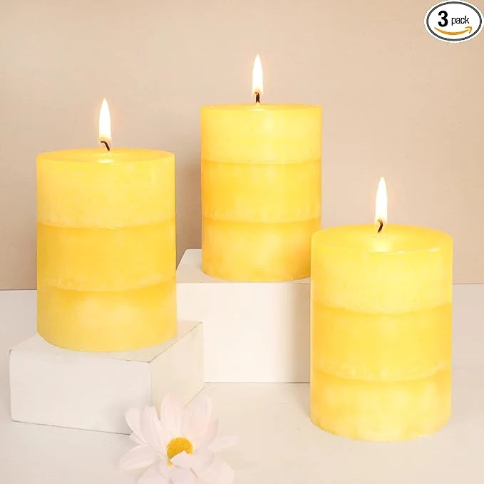 Modern Yellow Pillar Candles 3×4 Inch Hand-Poured Lemon Scented Candles Lemongrass Trendy