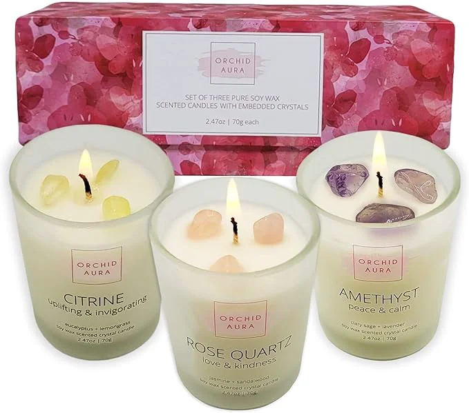 Advanced Soy Candles with Healing Crystals. Citrine Rose Quartz Amethyst Crystal. Lightweight