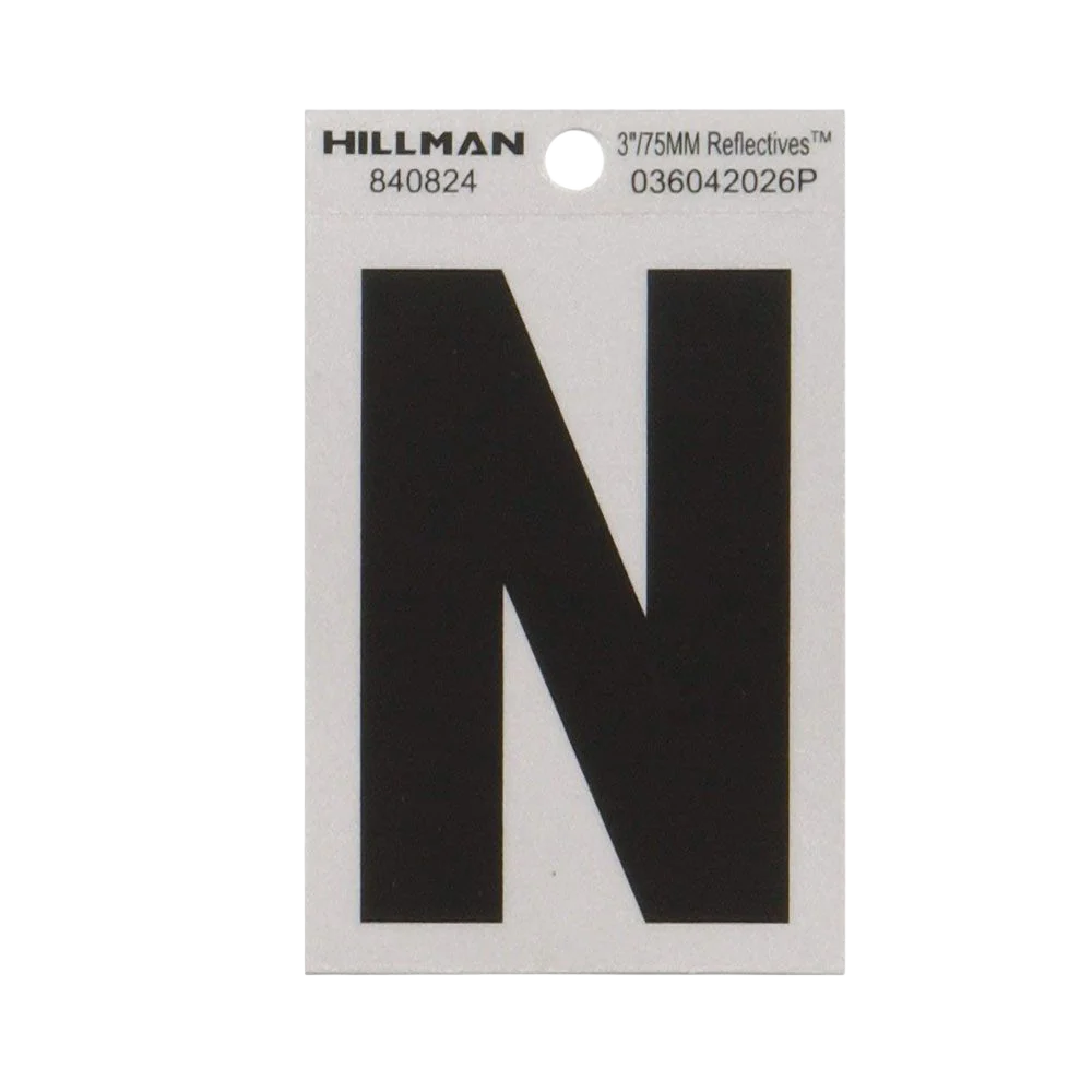 Pure Hillman 3 in. Black Silver Reflective Mylar Sticker Wide Style Letter N Smooth