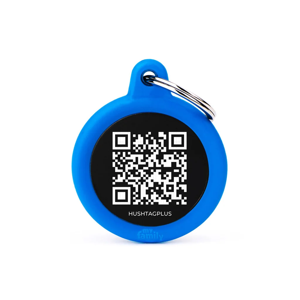 Reliable MyFamily Hushtag Plus QR Code Black Aluminum Circle Pet Tag with Blue Rubber First-Class