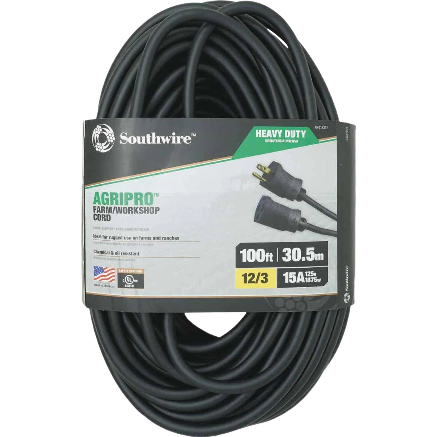 Eco-Friendly Southwire Agri-Pro 12 3 Black Heavy-Duty Rubber Extension Cord 100 ft. Verified