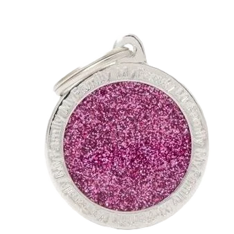 Fashionable MyFamily Pink Glitter Circle ID Tag Lightweight