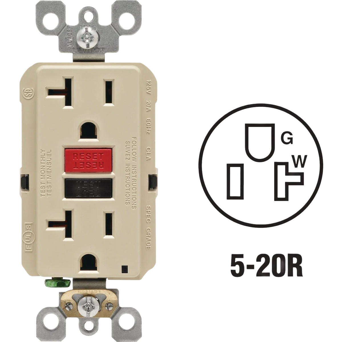 Detailed Leviton SmartlockPro Ivory Commercial Grade 5-20R GFCI Outlet Reusable