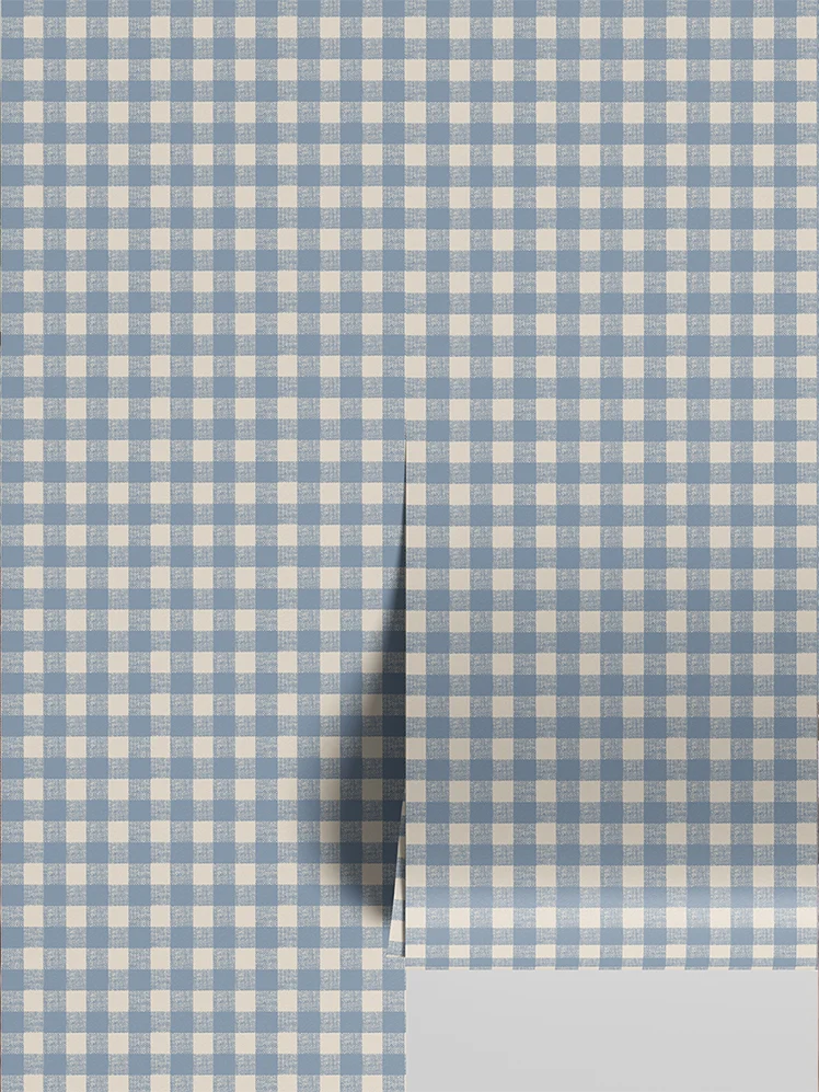 Breathable Dusty Blue Gingham Wallpaper Flexible