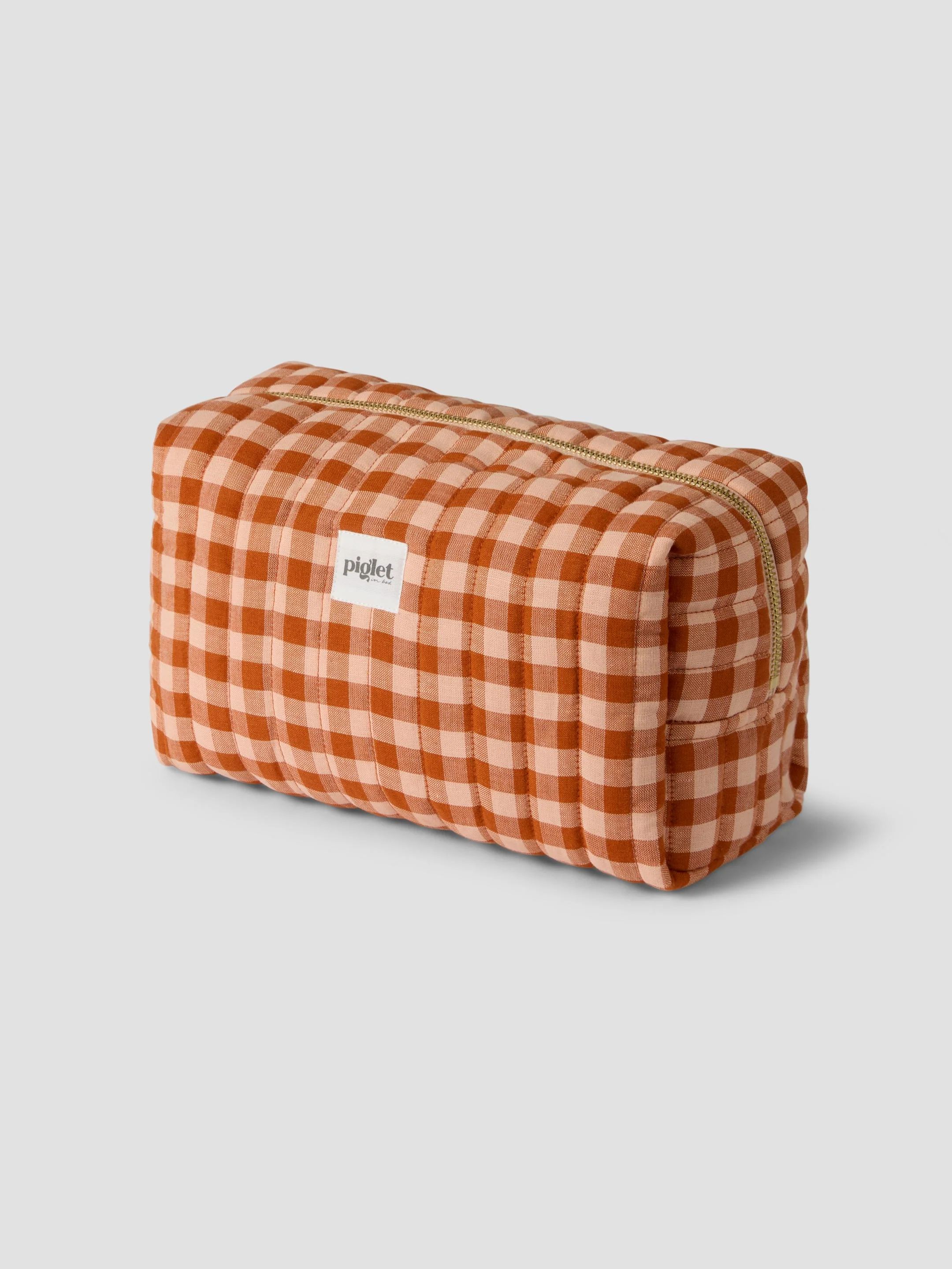 Clean Cinnamon Peach Colour Drenched Gingham Linen Blend Wash Bag Modern