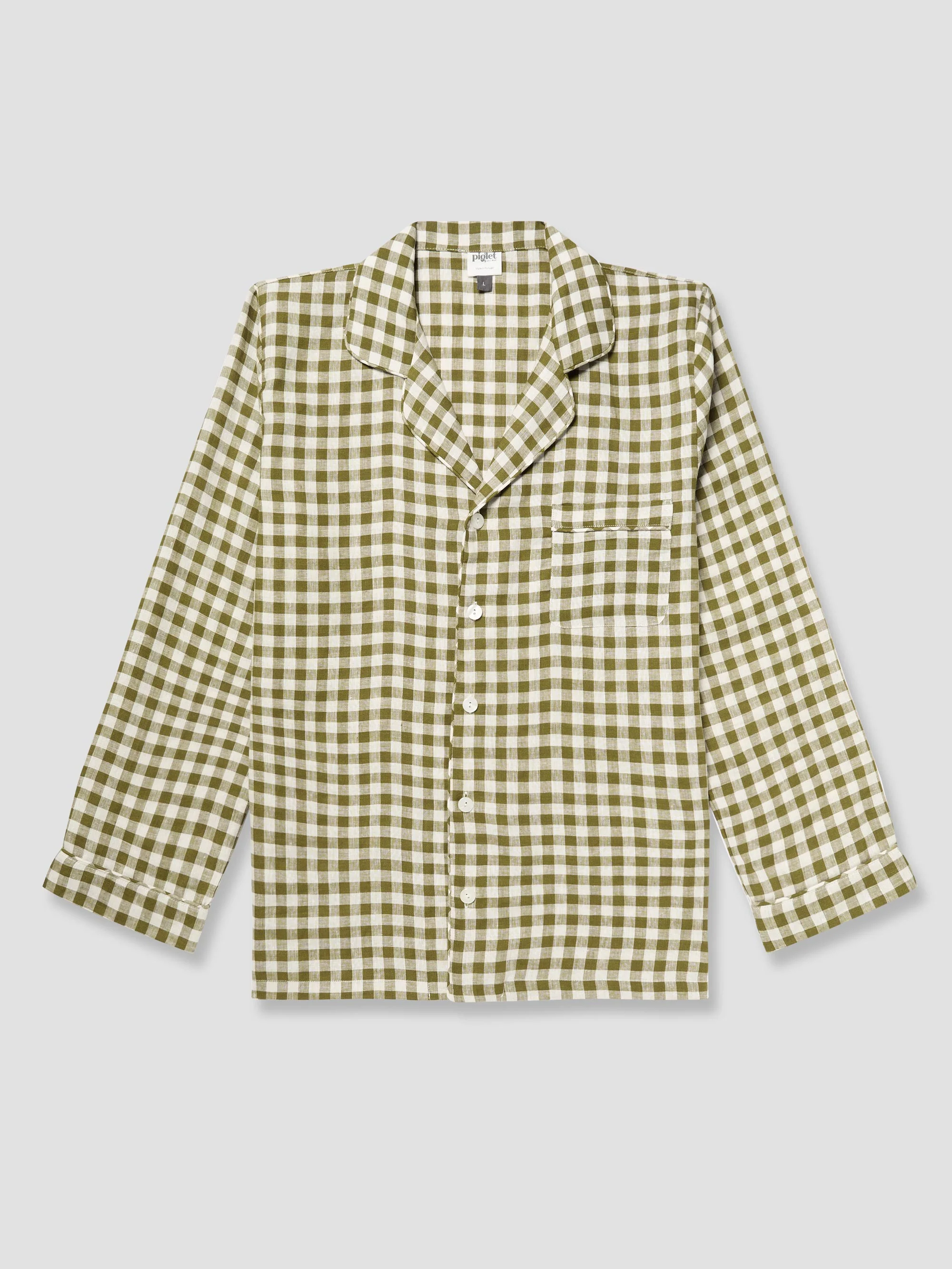 Recyclable Men’s Botanical Green Gingham Linen Pyjama Shirt Specialty