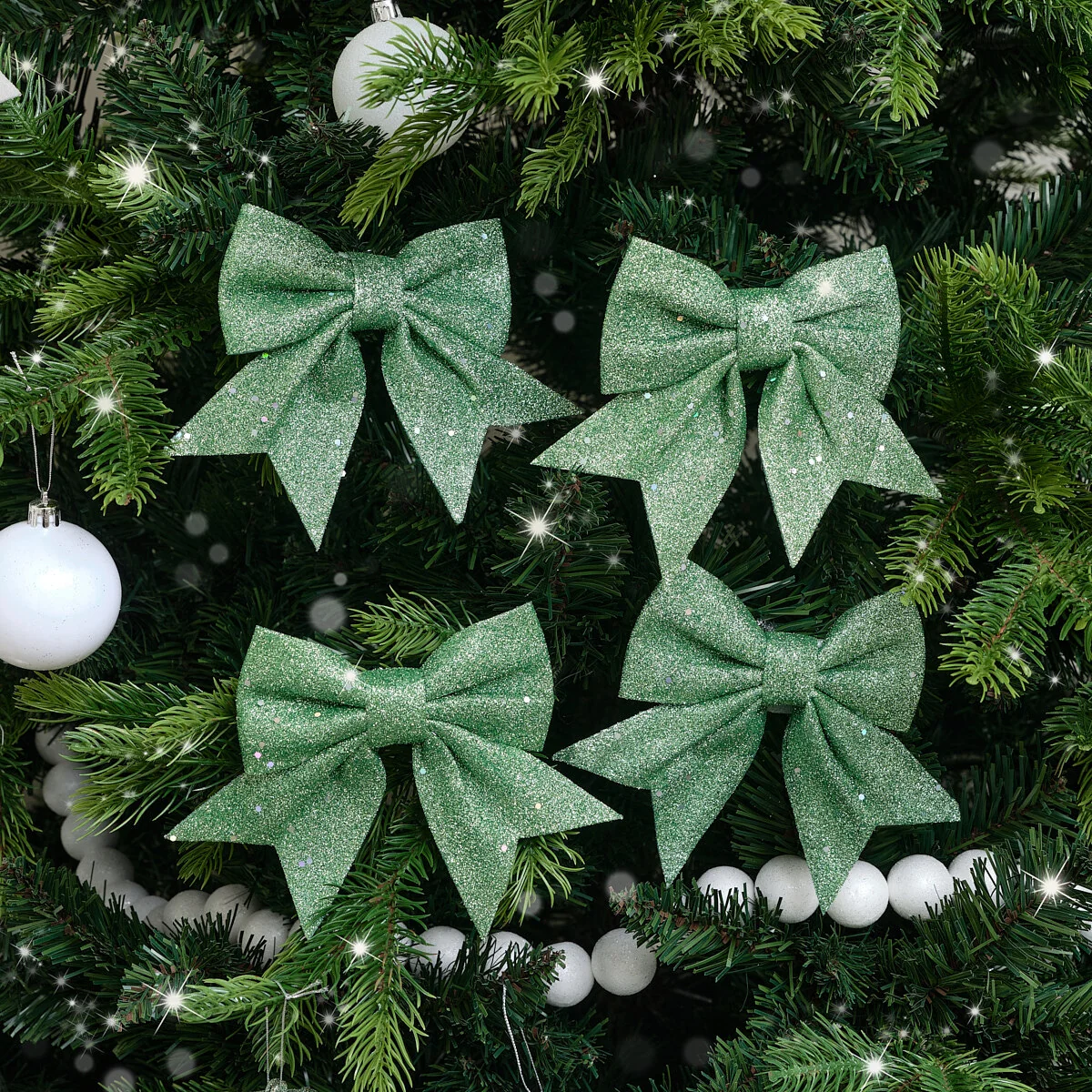 Certified Set of 4 Sage Green Glitter Christmas Bows Innovative
