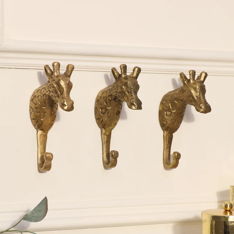 Contemporary Set of 3 Gold Metal Giraffe Wall Hooks Pure