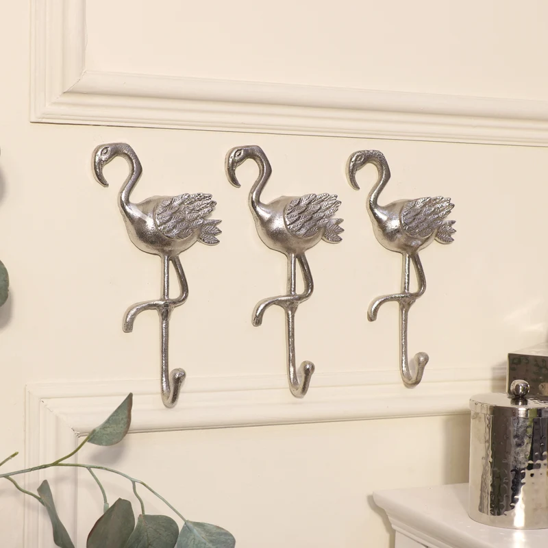 Innovative Set of 3 Silver Flamingo Wall Hooks Modern