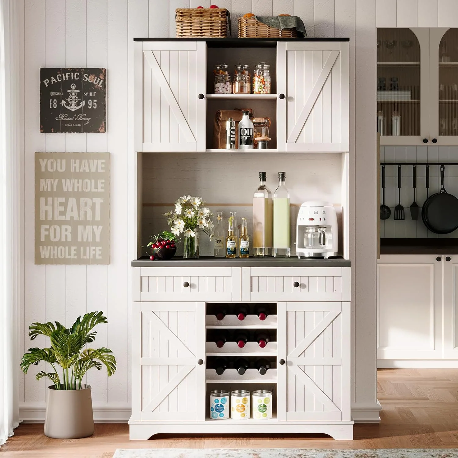 Elegant Kitchen Cabinet with Drawers Wine Rack with Adjustable Shelves 71 inches.Kitchen Cabinet with Drawers Wine Rack with Adjustable Shelves 71 inches. Fine Crafted