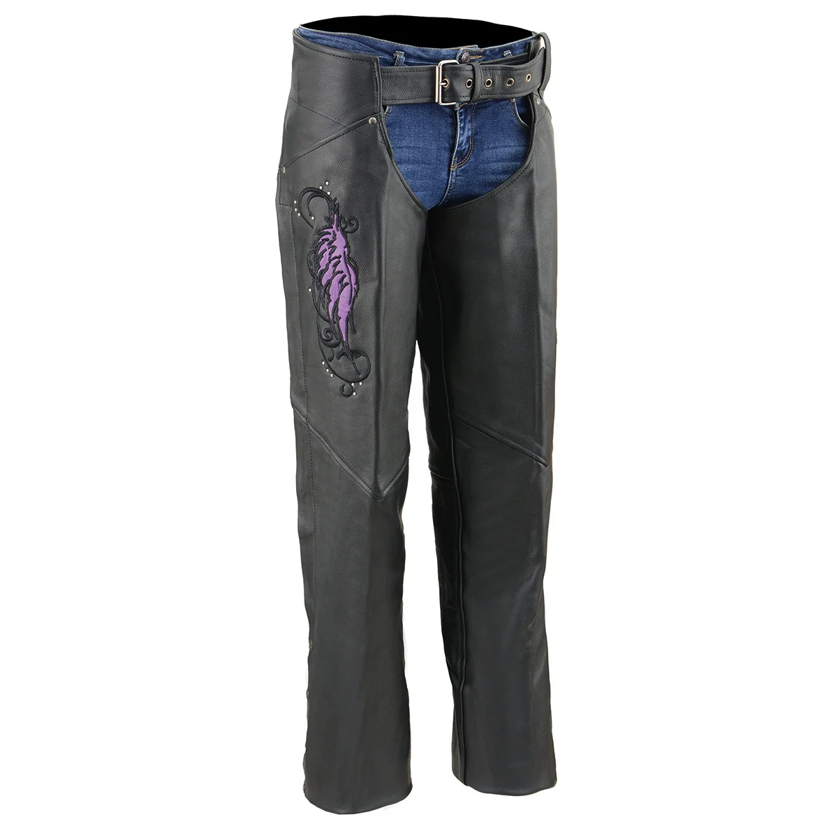 Carefully Designed Milwaukee Leather Women’s Classic Black Premium Leather Motorcycle Chaps w Purple Wing Embroidery-ML1179 First-Class