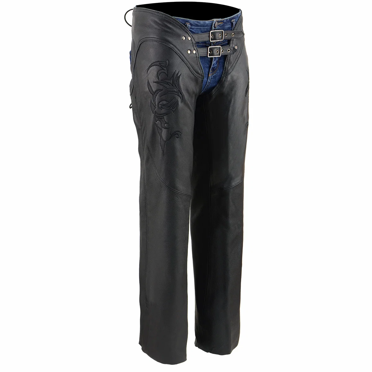Artisan Milwaukee Leather Chaps for Women Black Low-Rise Waist- Double Buckle Reflective Embroidery Motorcycle Chap- ML1187 Soft