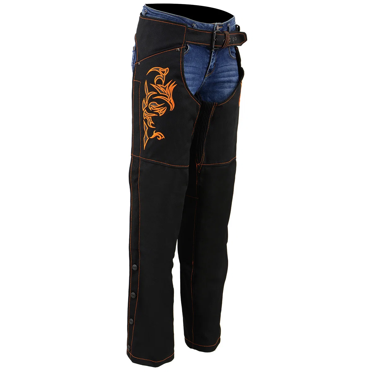 Top-Quality Milwaukee Leather SH1182 Women’s Black with Orange Textile Motorcycle Riding Chaps with Tribal Embroidery Carefully Designed