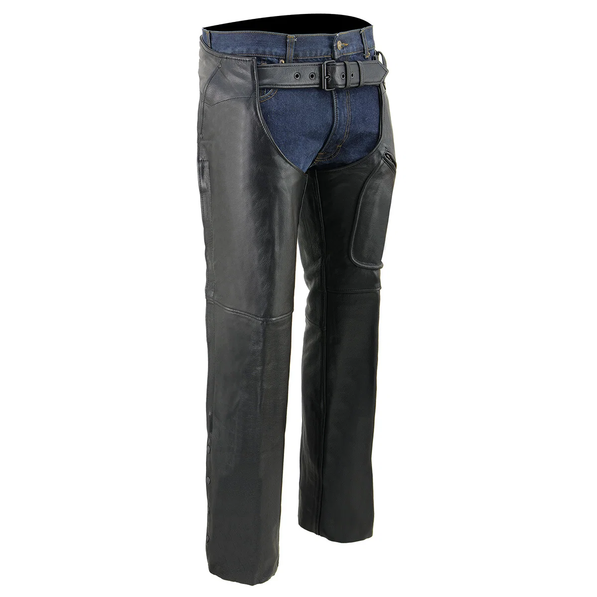 Next-Generation Milwaukee Leather Men s Black Premium Leather Motorcycle Rider Chaps w Front 3-Pockets – Thigh Patch Pocket-SH1766 Detailed