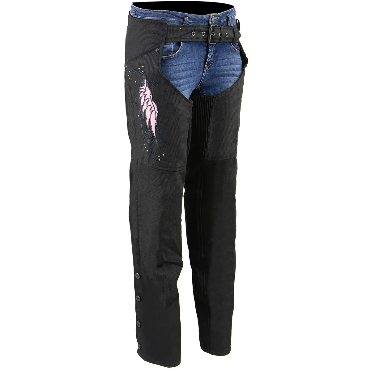 Authentic Milwaukee Leather SH1956 Women’s ‘Winged’ Black and Pink Textile Chaps High-End