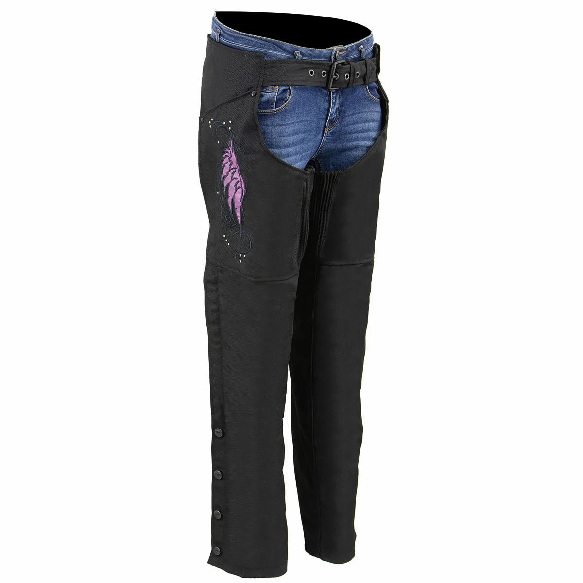 Exceptional Milwaukee Leather SH1956 Women’s ‘Winged’ Black and Purple Textile Chaps Authentic