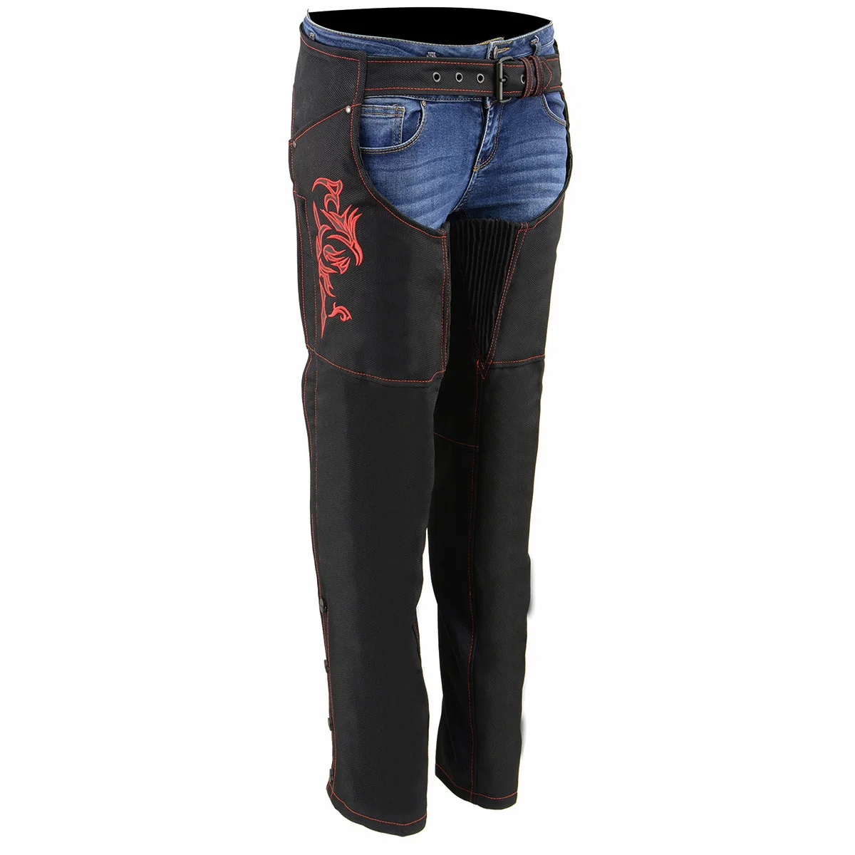 Relaxed Milwaukee Leather SH1182 Women’s Black with Red Textile Motorcycle Riding Chaps with Tribal Embroidery World-Class