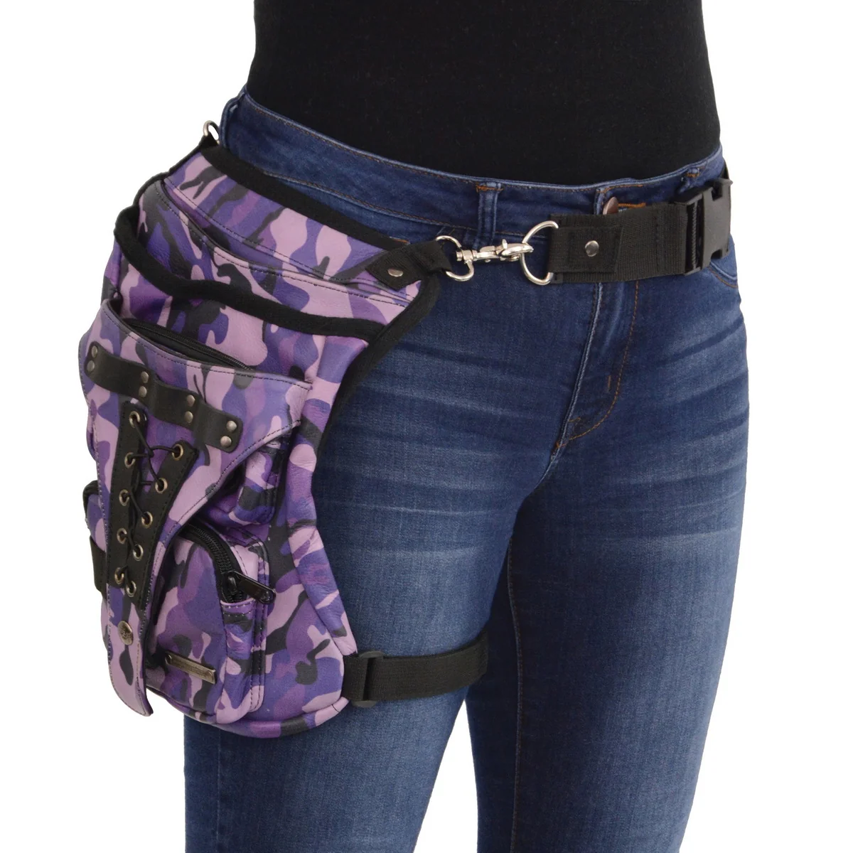 Official Milwaukee Leather MP8886 Ladies Purple Leather Camouflage Conceal and Carry Black Thigh Bag Functional
