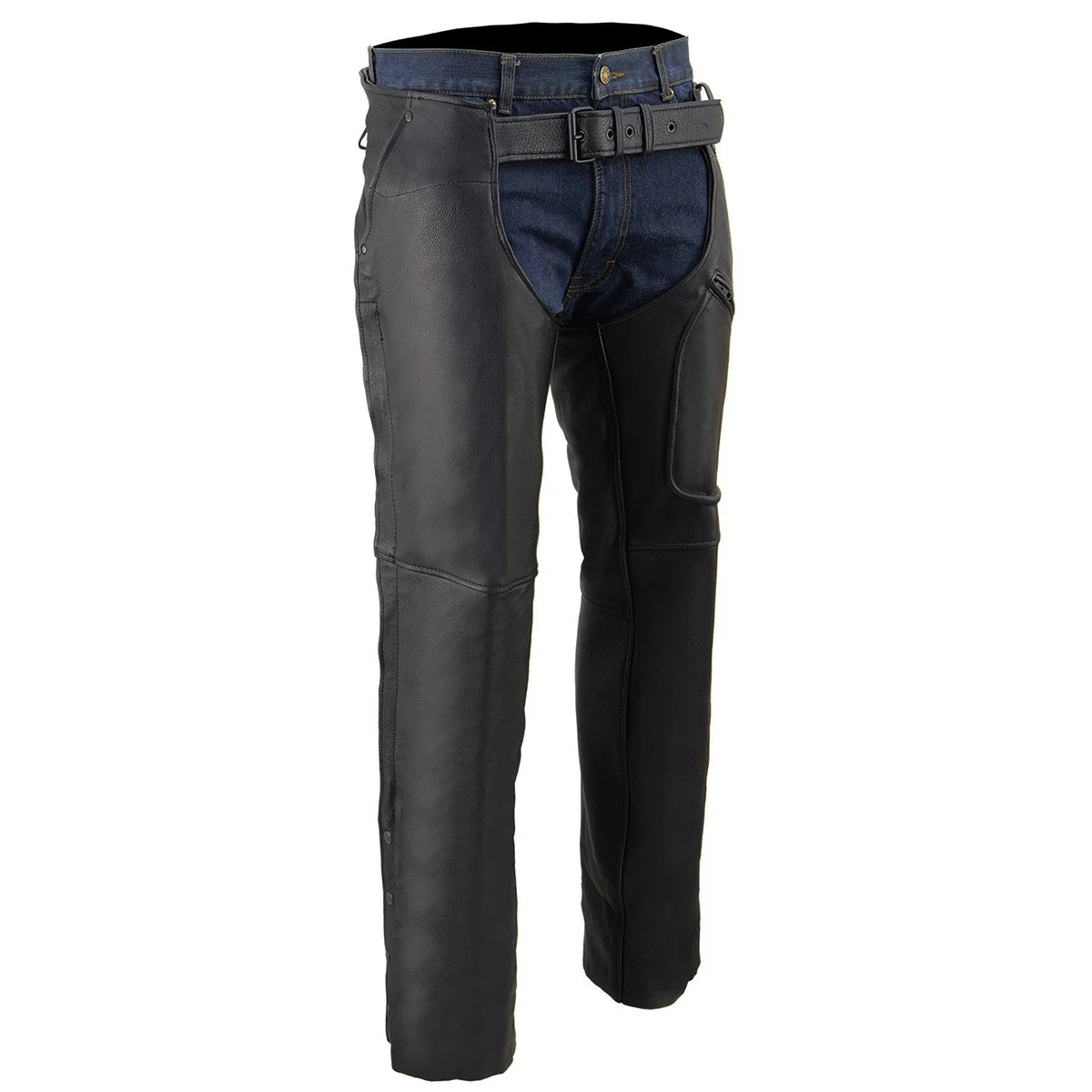 Casual Milwaukee Leather Men’s Black Premium Leather Motorcycle Rider Chaps w Front 3-Pockets – Thigh Patch Pocket-ML1766 Premium Material