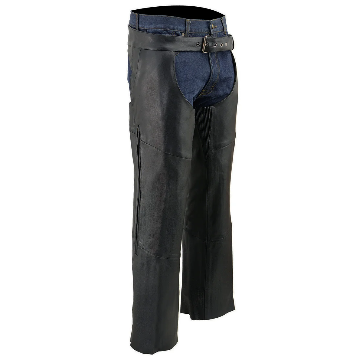 Environmentally Friendly Milwaukee Leather Chaps for Men’s Black Vented Premium Leather Motorcycle Chaps w Side Pocket-Stretch Thigh-ML1129 Exclusive