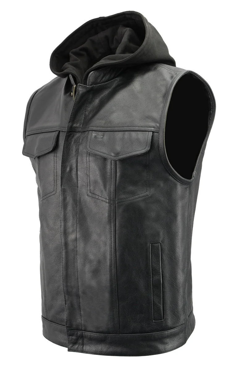 Responsible Men s Premium Black Leather Club Style Motorcycle Riding Vest with Removable Bib Hoodie BZ6110 Safe