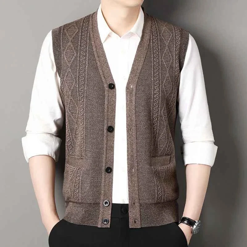 Classic Men s Knitted V-Neck Button-Up Sweater Vest Cardigan with Pockets Detailed
