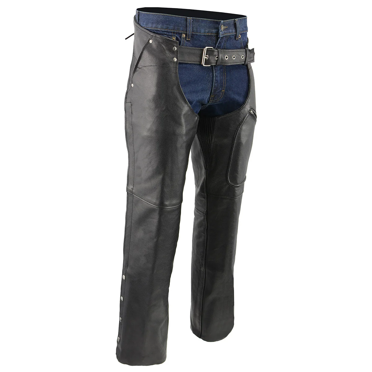 Elite Men’s XS43404 3-Pocket Black Thermal Lined Leather Motorcycle Chaps Certified