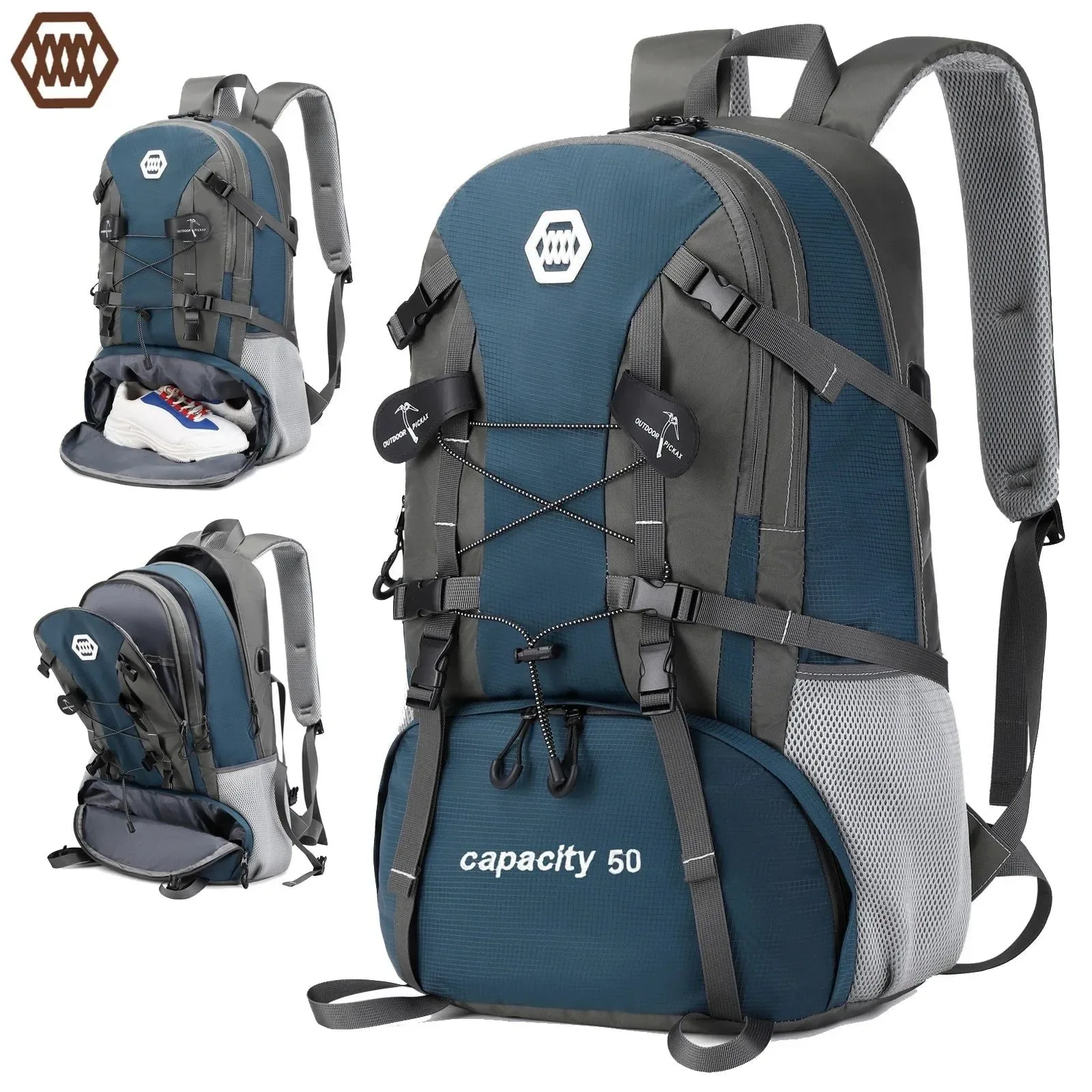Easy-to-Use Mochila de senderismo impermeable de 50 l con compartimento para zapatos i para hombres y mujeres. Green