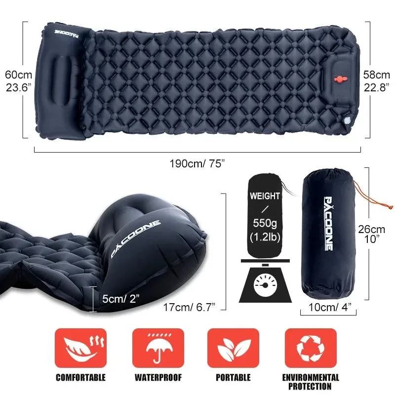 Versatile Colchón inflable ultraligero para acampar con almohada – Colchón de aire portátil con bomba incorporada para senderismo y viajes Premium