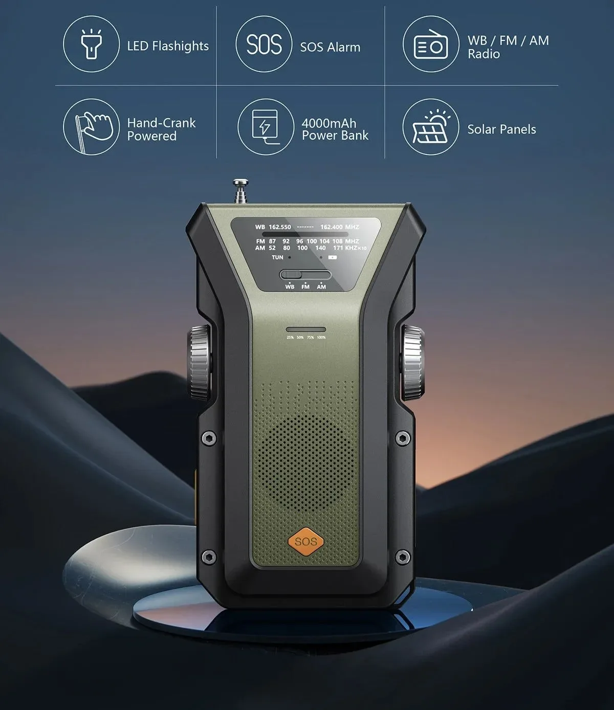 Classic Radio de emergencia todo en uno manivela energía solar NOAA alarma SOS batería externa 4000 mAh linterna Genuine