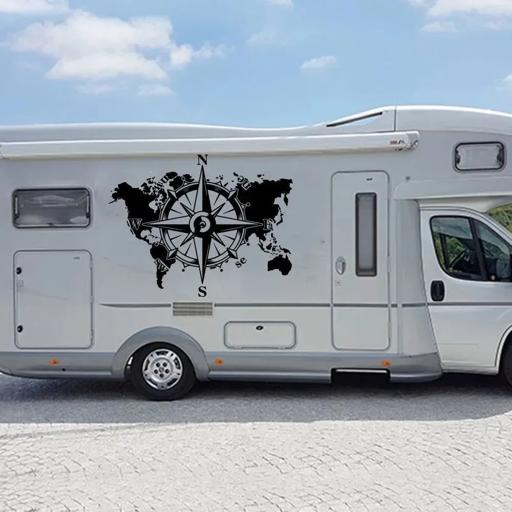 Comfortable Pegatina de vinilo con brújula y mapa del mundo para caravanas autocaravanas caravanas y todoterrenos. Powerful