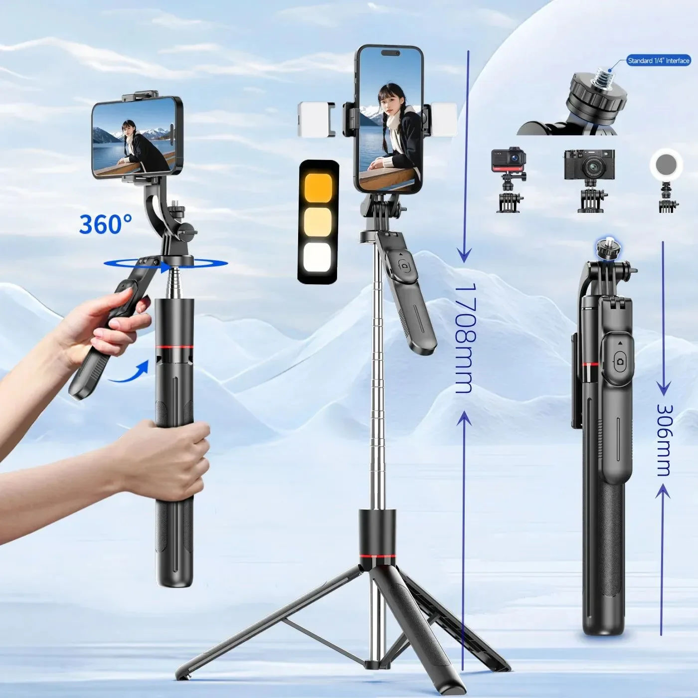 Relaxed Trípode extensible para selfies F16 con control remoto Bluetooth y luz de relleno Outstanding
