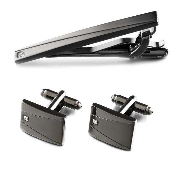Top-Quality Set de gemelos y pasador de corbata Gunmetal Fashionable