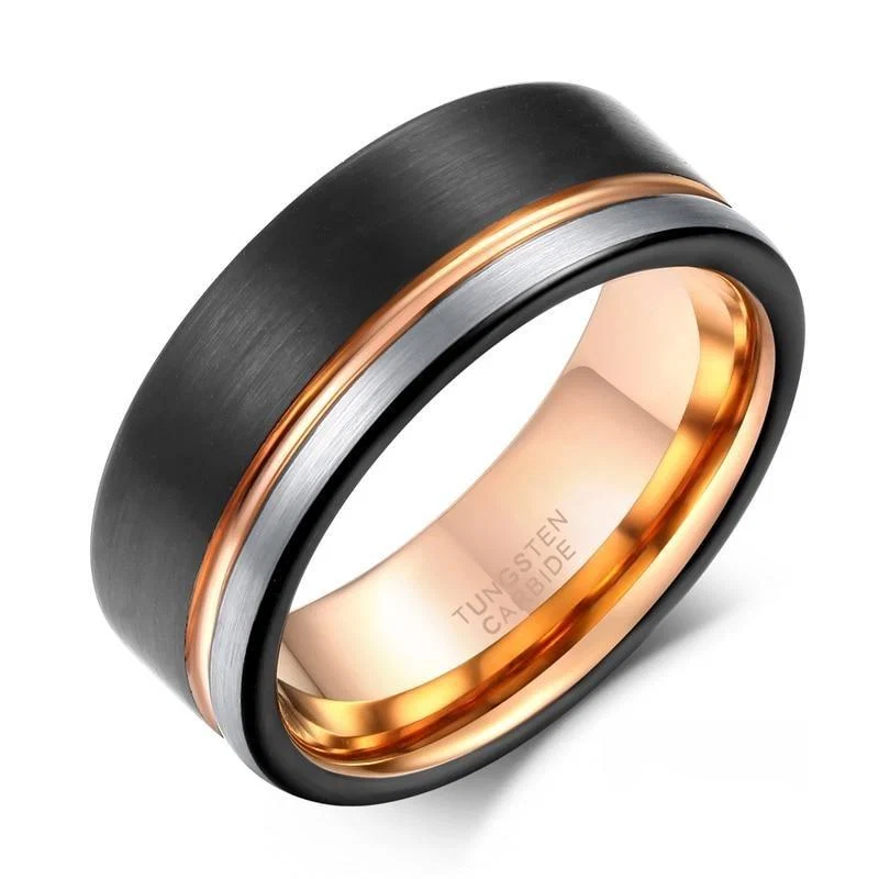 Solid Leonardo Anillo cepillado de carburo de tungsteno y línea de oro rosa Original Design