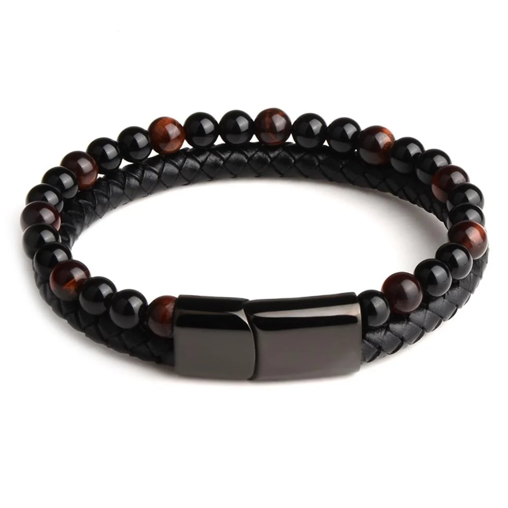 Selected Pulsera de cuentas de piedra natural y cuero Proven